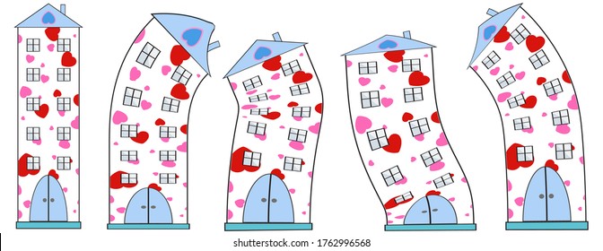 Resumen bailando casas curvadas de un patrón de corazones con ventanas y una puerta. Gráficos vectoriales en un fondo blanco.