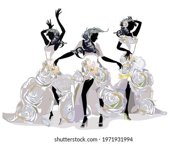 Abstract dancing girls in white dresses decorated with roses. Hand drawn vector illustration.