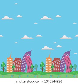 abstract dancing houses. Cut cartoon dancing houses vector horizontal seamless pattern