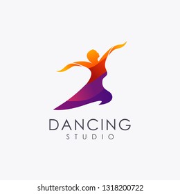 Abstract dancing woman logo icon with colorful gradient style on white background