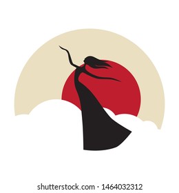 abstract dancing woman with sky, clouds and red sun in background, logo icon