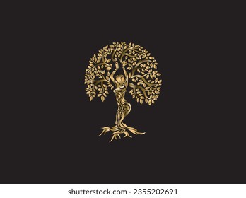 Abstract dancing woman tree logo design, mythology tree in gold color