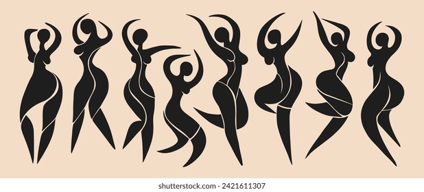 Abstract dancing women silhouettes Matisse style. Hand drawn boho fashion women shapes, modern minimalistic background, print design. Vector isolated set