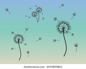 Resumen de fondo de diente de león para el diseño. El viento sopla semillas de león. Plantilla para afiches, fondos de pantalla, afiches. Ilustración vectorial.