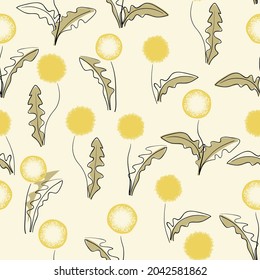 Abstract dandelion flower seamless pattern. Trendy one line vector floral illustration.