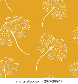 Abstract dandelion flower seamless pattern. Botanical hand drawn dandelion on a yellow background. Minimalistic vector print. Scandinavian design for the website and textures.