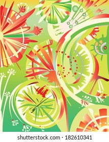Abstract dandelion on green background with decorative elements