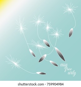 Abstract dandelion pattern, seeds illustration on blue background. In summer it is easy, free and airliy on nature. Drawing to design  postcard, poster, flyer.