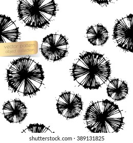 Abstract dandelion seamless pattern. Handwritten ink elemets on white background.