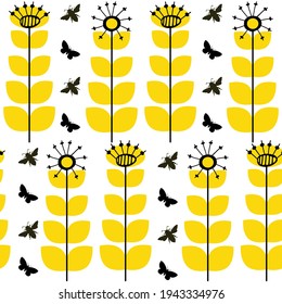 Abstract dandelion seed and honey bees seamless vector pattern background.Stylized folk art mix of herbacious flowers and insects yellow white black backdrop. Modern hand drawn botanical repeat