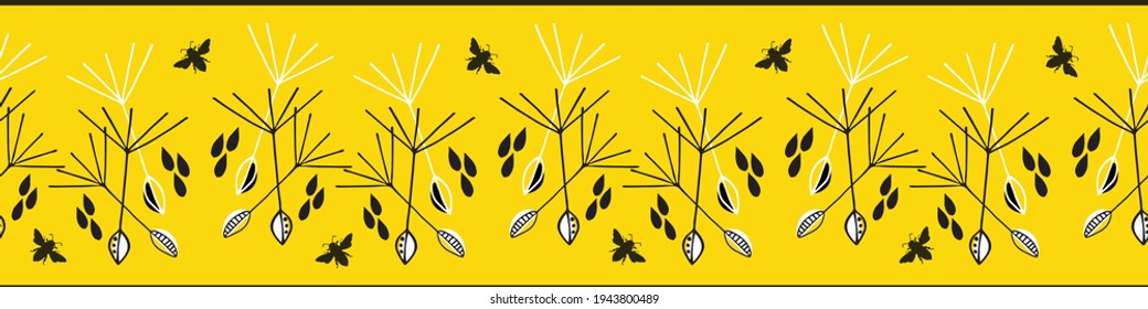 Abstract dandelion seed and honey bees seamless vector border .Stylized folk art clusters of herbacious flowers and insects yellow white black banner. Nature concept for ribbon, tape, header