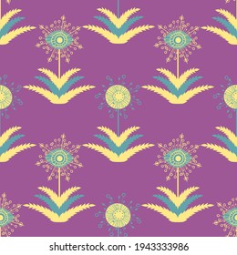 Abstract dandelion seeds seamless vector pattern background.Stylized folk art mix of herbacious garden flowers purple, yellow, blue backdrop.Geometric ornate hand drawn botanical repeat for wellness