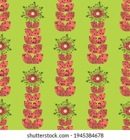 Abstract dandelion seeds seamless vector pattern background. Stylized folk art mix of herbacious garden flowers neon orange green backdrop.Geometric boho hand drawn botanical repeat for wellness