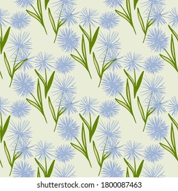 Abstract dandelion shapes seamless doodle pattern. Blue flowers with green leaves on light pastel background. Spring backdrop. Great for wrapping, textile, fabric print. Vector illustration.