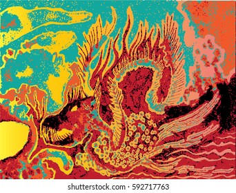 Abstract dangerous dragon illustration. Hand drawn fire beast. Orange, red, turquoise,