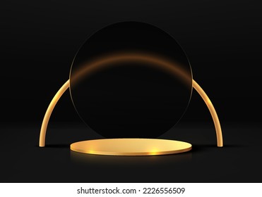 Abstract dark 3D background with realistic gold cylinder pedestal podium, gold arch and round backdrop. Minimal wall scene mockup product display. Geometric forms design. Black friday stage showcase.