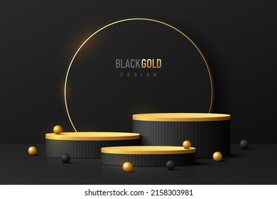 Abstract dark 3D room with set of black and golden realistic cylinder pedestal podium in luxury style. Minimal scene for mockup product display presentation. Vector geometric forms. Stage showcase.