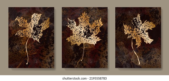 Abstract dark art background with dry autumn leaves in golden color. Botanical set of prints in a watercolor style for decoration, wallpapers, posters, interior design.