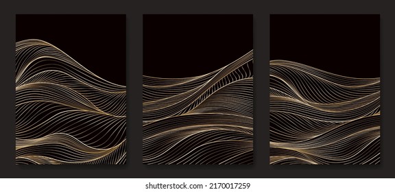 Abstract dark art background in Japanese style with golden wave line. Hand drawn vector design for decoration, interior design, wallpaper, print, packaging