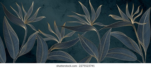 Abstract dark art background with paradise flowers in gold line art style. Botanical banner with tropical plants for decoration, print, wallpaper, textile, interior design.