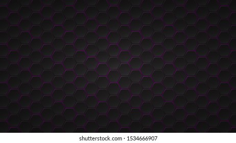 Abstract dark background of black hexagon tiles with purple gaps between them