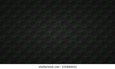 Abstract dark background of black octagon and square tiles with green gaps between them