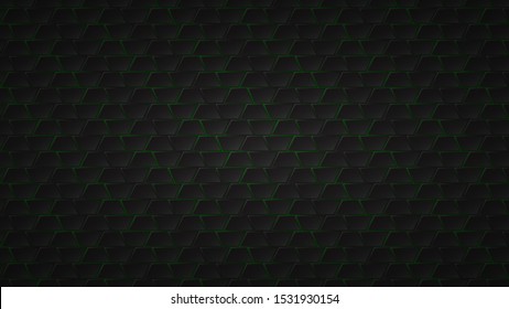 Abstract dark background of black trapezium tiles with green gaps between them