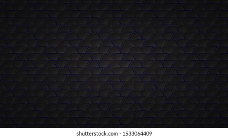 Abstract dark background of black trapezium tiles with blue gaps between them