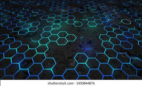 Abstract dark background with blue luminous hexagons, technology, neon