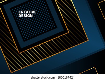 Abstract dark background with blue squares. Modern design Luxury banner.  Bright gold stripes. Business presentation layout with square shapes.