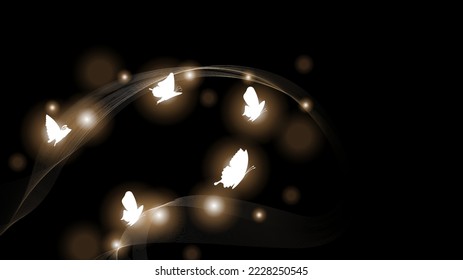 Abstract Dark Background With Butterflies Insects Glow Light Shine Flashes Vector Design Style