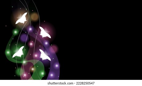Abstract Dark Background With Butterflies Insects Glow Light Shine Flashes Vector Design Style