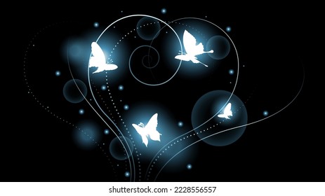 Abstract Dark Background With Butterflies Insects Glow Light Shine Flashes Vector Design Style