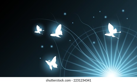 Abstract Dark Background With Butterflies Insects Glow Light Shine Flashes Vector Design Style
