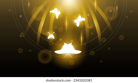 Abstract Dark Background With Butterflies Insects Glow Light Shine Flashes Vector Design Style