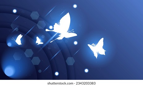 Abstract Dark Background With Butterflies Insects Glow Light Shine Flashes Vector Design Style