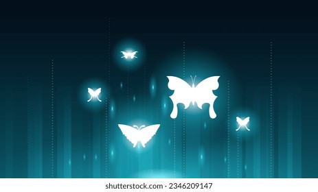 Abstract Dark Background With Butterflies Insects Glow Light Shine Flashes Vector Design Style