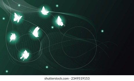 Abstract Dark Background With Butterflies Insects Glow Light Shine Flashes Vector Design Style