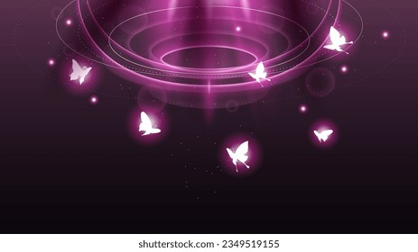 Abstract Dark Background With Butterflies Insects Glow Light Shine Flashes Vector Design Style