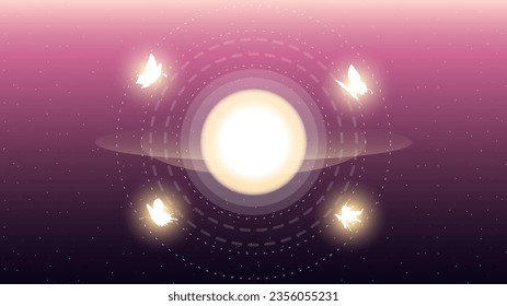 Abstract Dark Background With Butterflies Insects Glow Light Shine Flashes Vector Design Style