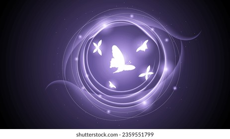Abstract Dark Background With Butterflies Insects Glow Light Shine Flashes Vector Design Style