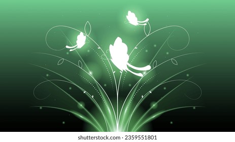 Abstrakter dunkler Hintergrund mit Butterfliegen Insekten glänzender Lichtschrein blitzt Vektordesign-Stil