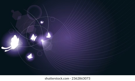 Abstract Dark Background With Butterflies Insects Glow Light Shine Flashes Vector Design Style