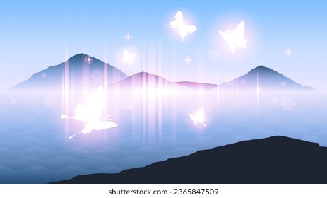 Abstract Dark Background With Butterflies Insects Glow Light Shine Flashes Vector Design Style