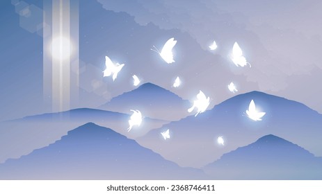 Abstrakter dunkler Hintergrund mit Butterfliegen Insekten glänzender Lichtschrein blitzt Vektordesign-Stil