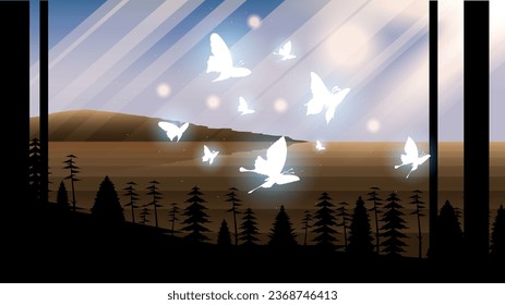 Abstract Dark Background With Butterflies Insects Glow Light Shine Flashes Vector Design Style