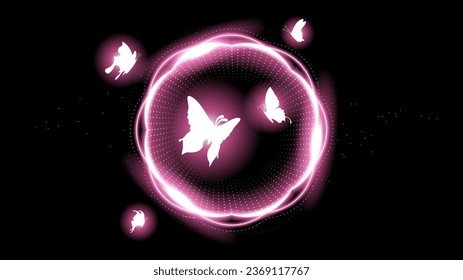 Abstract Dark Background With Butterflies Insects Glow Light Shine Flashes Vector Design Style