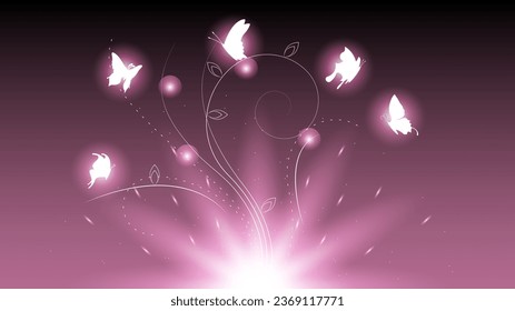 Abstract Dark Background With Butterflies Insects Glow Light Shine Flashes Vector Design Style