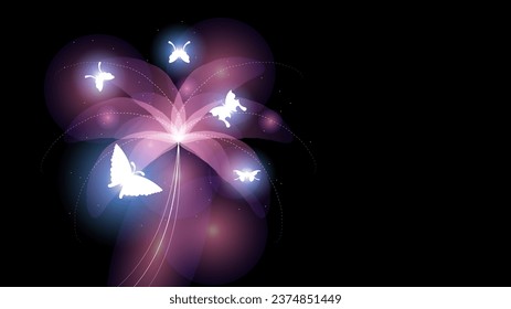 Abstract Dark Background With Butterflies Insects Glow Light Shine Flashes Vector Design Style