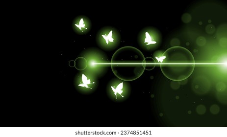 Abstract Dark Background With Butterflies Insects Glow Light Shine Flashes Vector Design Style